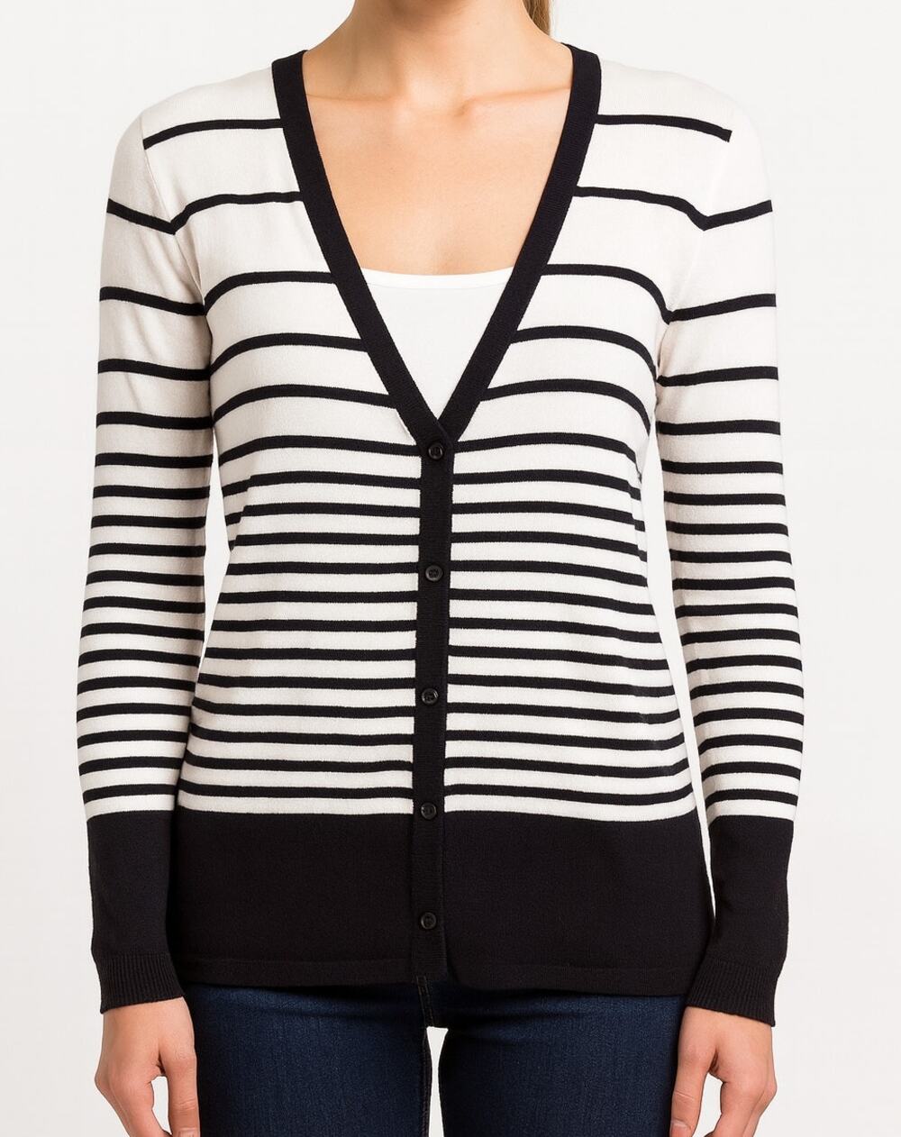 Audrey & Grace Womens Large Black White Stripe Cardigan Sweater V Neck